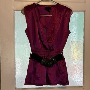 NWT Apostrophe Women’s Dark Purple Satin Blouse top with belted waist size M